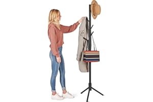 Verahaus High-Grade Wooden Tree Coat Rack Stand, 6 Hooks, Super Easy Assembly NO Tools Required, 3 Adjustable Sizes Free Standing Hallway Coat Hanger Hat Stand (Black)