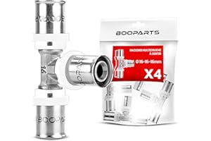 BOOPARTS - 4 pezzi Pressfitting T 16 – 16 – 16 mm ottone – Connettore a T per tubo composito multistrato – Connettori per tubi sanitari, riscaldamento e acqua potabile