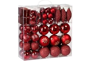 DEUBA® Weihnachtskugeln 103tlg Ø 3-8cm Kunststoff matt glänzend Christbaumkugeln Christbaumschmuck Anhänger Weihnachtsbaumkugeln Weihnachtsdeko Rot