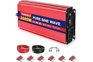 TAGEEBLU 2000W ren sinusväxelriktare DC 12V till AC 230V spänningsomvandlare, växelriktare för fordon med krokodilklämma, 1 A