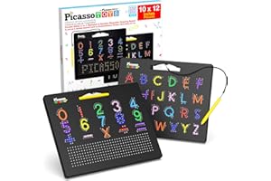 PicassoTiles Tablero de dibujo magnético de doble cara 2 en 1 de letras, números y estilo libre de 12 x 10 pulgadas magnético grande de aprendizaje abierto, borrable, reutilizable, juego PTB02