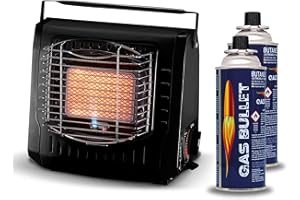 Gas Bullet ® Keramik Gasheizung 2 kW - Effizienter Gasstrahler für Camping, Outdoor & Wohnwagen-Standardisiertes Bajonett Ventil 227g-Flammenregler, Piezo-Zünder (Gasheizung+2kartuschen)
