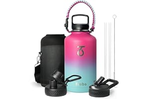 Trebo Stainless Steel Water Bottle 2L, Wide Mouth Insulated Water Bottle Double with Paracord Handle Sports Bottle Keep Cold 48 Hours Water Bottle with 3 Lids, Rose Red