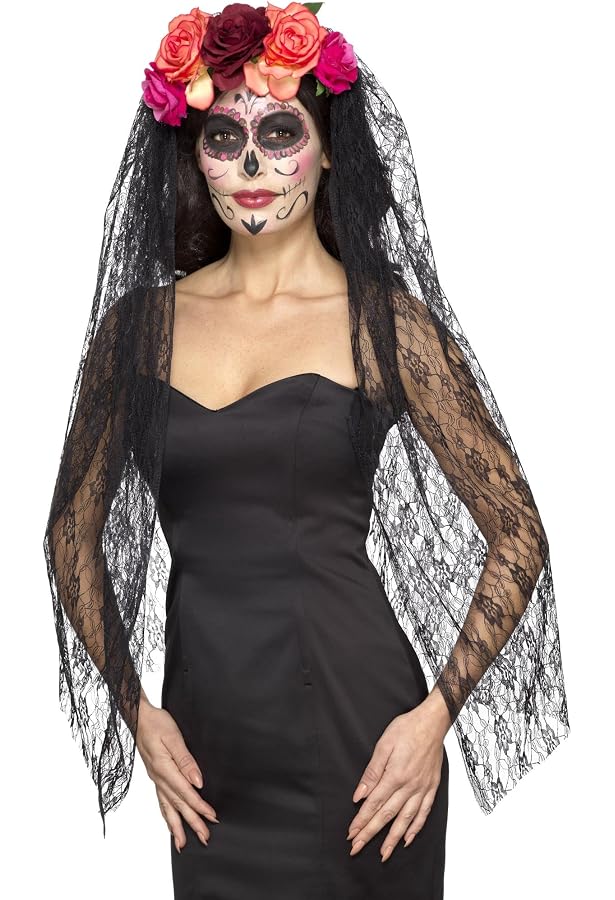 Set Déguisement Halloween Jour Des Morts – 6 Pièces Serre-Tête Avec Voile, Collier, Bracelet, Fleur & Tatouages