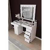 DF02115B LED Işıklı Aynalı Makyaj Masası Tabureli, B&ouml;lmeli 12 &Ccedil;ekmeceli Organizer Kozmetik Masası