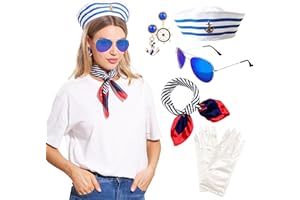 JeVenis Disfraz Nautico Para Mujer Accesorio Disfraz de Marinero Sombrero de Marinero Accesorios Nauticos Gafas de Sol Guantes Bufanda Gorro Marinero Nautico Bachelorette Fiesta de Halloween Cosplay