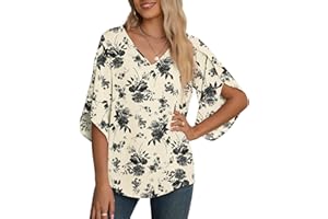 Yommay Damska bluzka szyfonowa topy damskie eleganckie na co dzień luźne rękawy 3/4 marszczony dekolt w serek letnia bluzka koszulki