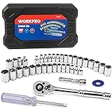 WORKPRO 39-Piece Drive Socket Set 1/4''3/8'', CR-V Metric and Imperial Sockets with Quick-Release Ratchet Wrench, Compact Soc