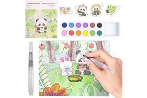 OVOISSTIY Pintura con Libros de Agua para Niños, Libro Pintura Acuarela 24 Páginas de Tema Aventura de Panda, Pintura Acuarela para Niños con Pincel de Agua Rellenable 12 Acuarela Sólida, Regalo