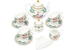 fanquare 21 Pezzi Servizio da tè in Porcellana Vintage Blu, Servizio da caffè in Ceramica con Rosa, Tazza da caffè e Piattino Fine per Adulti