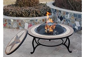 BESTFIRE 3 IN 1 GARDEN BBQ FIRE PIT For Wood, Fire and Cooking Charcoal Barbeque Grill Kit, Large Round Mosaic Ceramic Table Top, Outdoor Space Heater, FIREPIT Bowl for Patio Heating with Rain Cover