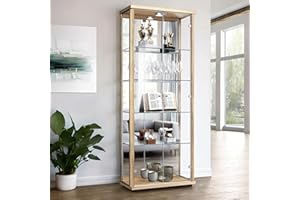 K-Möbel Vitrina de Cristal 2 Puertas (176x67x33cm) - Fabricado en Alemania - Armario bajo Puertas correderas Haya con 4 estantes de Vidrio Ajustables, Espejo, Cerradura y LED - Vitrina expositora