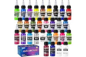 Roizefar Kit Aerografo 28 Colori Acrilici + 2 Diluenti, Set per Progetti Fai da Te, Vernice A Base d'Acqua, 20ml/Bottiglia