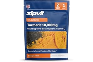 Zipvit Turmeric Tablets 10,000mg Providing 95% Active Curcumin with Bioperine Black Pepper & Vitamin C, 60 Vegan Tablets, 1 a Day, 2 Month Supply