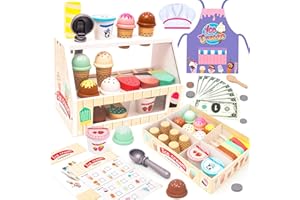 FUNCREVITY Eisdiele Kinder Holz, Eisladen Holzspielzeug Kaufladen Zubehör mit Spielgeld Schürze Eis Kinderküche Zubehör Eistheke Montessori Spielzeug ab 3 Jahre Weihnachten Geburtstag Geschenk für Jungen Mädchen
