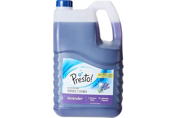 Amazon Brand - Presto Disinfectant Surface & Floor Cleaner Liquid Lavendar 5 Litre 1 Can Kills 99.9% Germs Removes Stains Safe On Hands