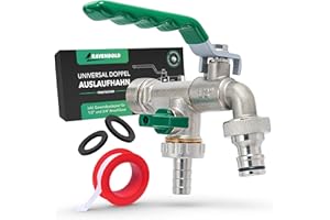RAVENBOLD Universal Wasserhahn Garten 1/2 Zoll [+ 3/4 Zoll Adapter] - frostsicherer Doppel Garten Wasserhahn aussen - für Bewässerungssystem und Regentonne - Gartenwasserhahn mit Kugelauslaufventil