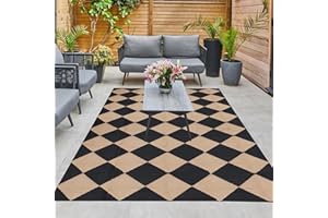 Enipate Outdoor Rugs for Patios Waterproof, 5x8ft Reversible Easy Cleaning Garden Rug, Portable Picnic Blanket Geometric Outdoor Carpet (Black & Yellow)