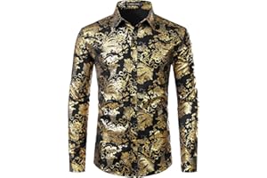 PARKLEES Chemise de luxe pour homme, imprimé élégant, coupe ajustée, boutonnée Motif cachemire doré brillant