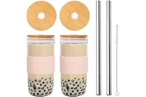 ANOTION Mason Jar avec couvercle et paille - Gobelet à large ouverture avec couvercle en bambou et manchon en silicone - Réutilisable - Pour café glacé, grand jus de perle - Rose
