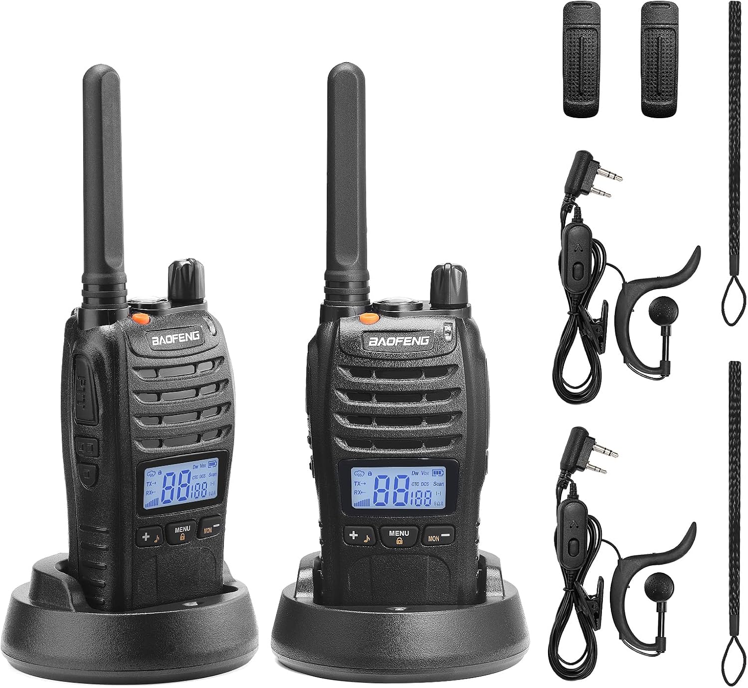 BAOFENG BF-88ST Pro PMR446 Walkie Talkie, Upgraded Long Range Rechargeable License-Free Two Way Radios with LCD Display, VOX Dual Watch, Desktop Charger and Earpieces, 2 pack