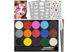 Jsdoin Face Paint, 15 Color Face Painting Palette, with 2 Brushes 40 Stencils, Diamond Stickers, Washable Face Paints for Children Adults Halloween Carnival, Make up Body Paint