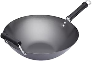 Kitchencraft World of Flavors Wok Carbon Antiaderente, Wok in Acciaio al Carbonio, Padella Extra Large, 36cm (14''), Nero