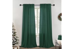 MRS.NATURALL Hunter Green Boho Linen Curtains 90 Inches Long for Living Room Bedroom Rod Pocket Back Tab Dark Emerald Green Light Filtering Window Drapes Set 2 Panels for Dining Room Cottage Cabin Garden