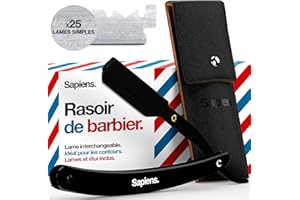 Sapiens Rasoir Coupe Choux Barbe - Rasoir Barbier Homme à Lame Interchangeable + 25 Demi-Lames + Pochette de Transport - Straight Razor - Black Edition
