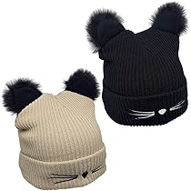 小物 ANDWANG Fluffy cat knit hat GZWYHT Beanies,Beanie Hats Women Cat Ear Hat With Pom Poms
