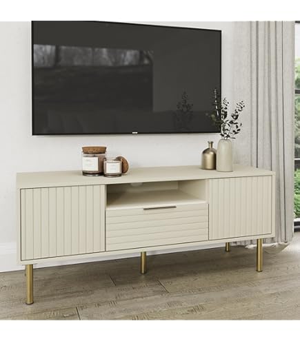 TV Stand Cabinet Fluted Ribbed Gloss Doors Gold Legs, 55
