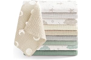 Bearmoss Muselinas Bebe 25x25cm,10 Piezas 100% Algodón Super Suave Transpirable y Extremadamente Absorbente Gasas para Bebes, Muselinas de Algodón para Recién Nacidos Bebés (Verde grisáceo)