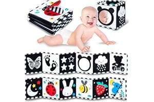 WELLODE Libro Sensoriale Neonati con Specchio Teddy Bear - Libro di Stoffa Neonati - Libro Bianco e Nero Neonati - Giochi Neonato 0 3 6 12 Mesi - Ideale per Sviluppo Visivo e Tummy Time Neonato