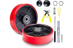 CARBO GLIDE Pallet Jack/Truck Steering Wheels Set with Axle, Fasteners and Protective Caps (4 pcs) 7" x 2" with Bearings ID 20mm Poly Tread Red, Tool Kit Included