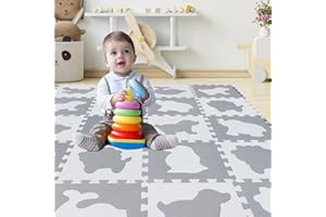 qqpp Alfombra Puzzle para Niños Bebe Infantil - Suelo de Goma EVA Suave. 18 Piezas (30 * 30 * 1cm), Animales, Blanco & Gris. QQP-51(AL) b18N