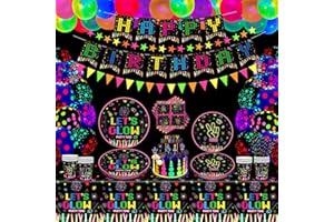 LKITMIUT 171 Pieces Luminous Neon Party Accessories Glow in the Dark Party Decorations BlackLight Party Tableware Set - Plates, Banners, Balloons, Luminous Neon Tablecloths, Star Garland for 20 People