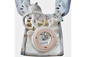 MAMAN COCO L’anneau de dentition bébé silicone alimentaire sans BPA avec le bois naturel - jouet de dentition pour bébé - Jouet éveil Montessori à Mordiller - Cadeau Naissance (Deer Cream + Rabbit)
