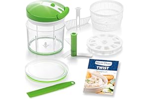 ‎GENIUS Genius Nicer Dicer Twist Universalzerkleinerer Set 9-teilig grün - Gemüseschneider manuell mit Seilzug, Salatschleuder & Sieb - Zwiebelschneider zum Zerkleinern + Pürieren 1000ml A29187