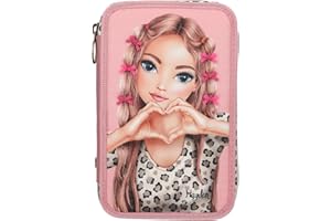 Depesche 13640 TOPModel Leoheart - Gefüllte 3-Fach Federtasche in Rosa, mit Model Motiv und Schleifen, Federmappe mit Buntstiften, Schere, Lineal UVM.