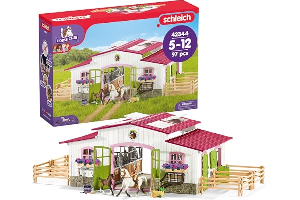 schleich HORSE CLUB | Häststall med ryttare och hästar 42344 | Häststall leksaksset med stall, 2 hästar och tillbehör | Present till barn | Leksak från 5 år