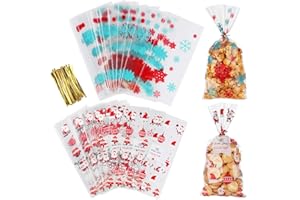 Homewit Przezroczyste płaskie torebki celofanowe, 120 szt. świąteczne torby na ciasteczka, 27 x 13 cm OPP nadające się do ponownego zamknięcia płaskie torby wiolonczelowe z 150 szt. wiązaniami do ciasteczek, cukierków, deserów - kolorowy płatek śniegu