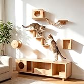 5 in 1 Cat Wall Shelves with Bridge, Cave, Ladder up to 15 kg | Cat Racks with Platforms, Climbing Post and Scratcher, Vertic