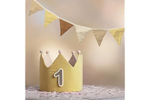 LG LITTLE GOODS Little Goods Geburtstagskrone inkl. Girlande (Krone und Wimpelkette) für Kinder - wendbare Musselin-Stoffkrone mit Zahlen 0-9 für Jungen, Mädchen in Pastell - Beige und warmen Tönen