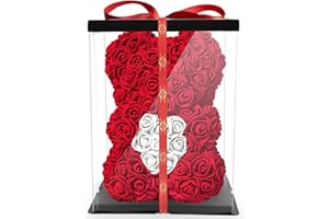 NADIR Rosen Bär Blumenbär mit Geschenkbox, Geburtstagsgeschenk für Frauen, Geschenk für Freundin zum Geburtstag Jahrestag, Rose Bear Teddybär, Geschenk Hochzeitstag (Rot, 25 cm)