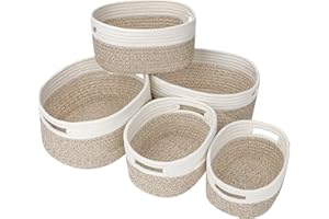 Ezvsevuo Juego de 5 Cestas Almacenaje Tejida de Algodón, Cestas Almacenaje Bebe, Cestas Organizador para Dormitorio, Baño, Salones, Cocina, Juguetes, Ropa - Desierto & Blanco