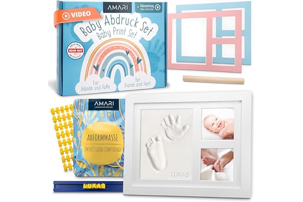 Amari® Kit d'empreintes de plâtre pour bébé - Main et pied - Kit d'empreintes de bébé avec cadre photo - Empreinte de main Cadeau de naissance (Rainbow)