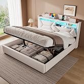 ZUUYEE Double Bed 160x200 with Storage, Double Beds with LED, USB and Type-C Ports, 160x200 Hydraulic Canape, Double Bed with