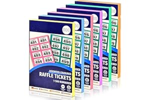 BESTUS ACCESSORIES Bestus 6-Pack Cloakroom Raffle Tickets 1-500, Mixed colours - Numbered, Easy-tear, Tombola, Charity Events, Prize & Lucky Draws