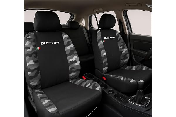 Auto Accessori Lupex | Housses de Siège Auto Compatibles avec Duster 2010-2024, Noir Camouflage Gris, Made in Italy, Tissu Polycoton, Avant et Arrière