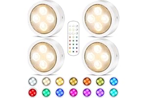 Onumii LED Sans Fil Lampe de placard, Adhesive Spot LED à Pile avec Telecommande Couleur rgb Lumiere pour Armoire (Lot de 4 Blanc)
